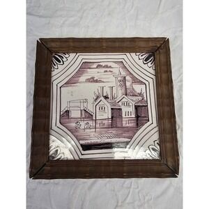 18th century salvaged Delft manganese tile depicting  buildings and trees 6x6